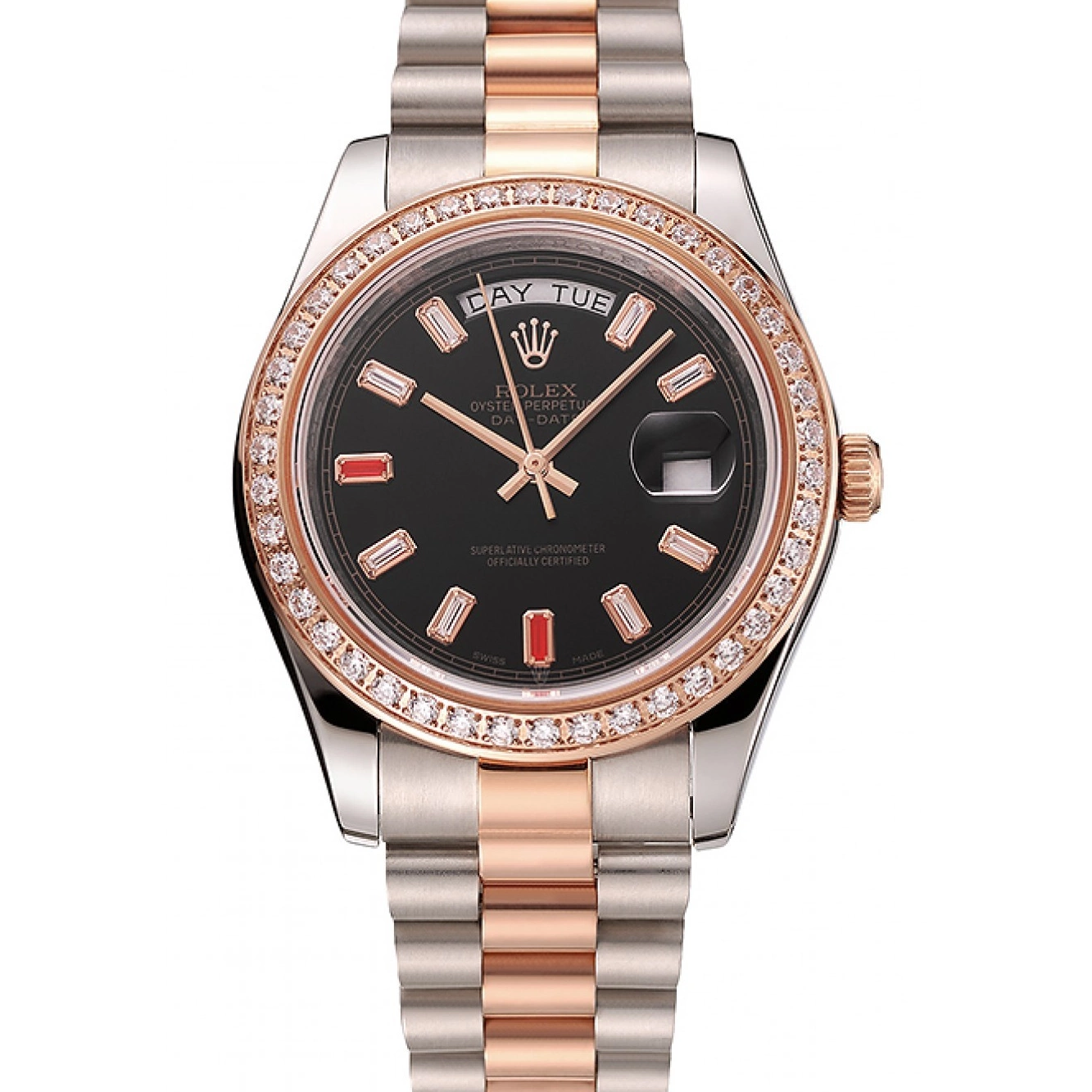 Black Dial Day-Date Diamonds 1454106 And Rubies Bracelet Steel Rose Gold Swiss And Staineless Rolex 0607